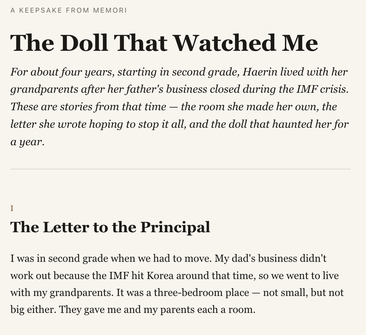 Example keepsake page showing chapter titles, intro, and pull-quotes from a real conversation